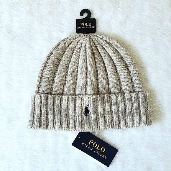 Polo Ralph Lauren Merino Wool Cuffed Beanie Unisex Hat Pony Logo Tan Gray New - Picture 1 of 5